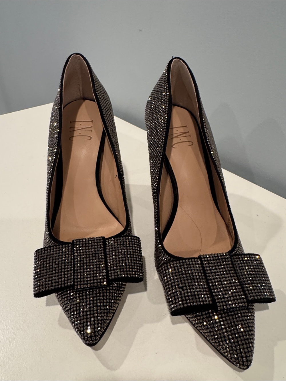 INC International Concepts Black Crystal Pointed Pumps with Bow